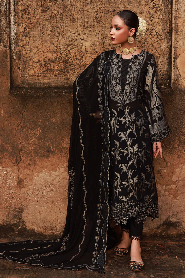 Nureh Maya Lawn Jacquard NJ-106 in black with embroidered jacquard shirt, chiffon dupatta, and cotton trouser.
