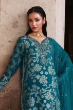 Nureh Maya Lawn Jacquard NJ-101 in turquoise with embroidery and chiffon dupatta. shirt neck design