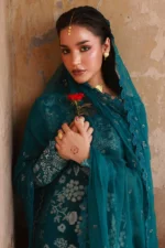 Nureh Maya Lawn Jacquard NJ-101 in turquoise with embroidery and chiffon dupatta.