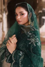 Nureh Maya Lawn Jacquard NJ-105 in dark green with embroidered jacquard shirt, organza dupatta, and cotton trouser. dupatta design