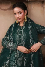 Nureh Maya Lawn Jacquard NJ-105 in dark green with embroidered jacquard shirt, organza dupatta, and cotton trouser.