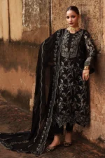 Nureh Maya Lawn Jacquard NJ-106 in black with embroidered jacquard shirt, chiffon dupatta, and cotton trouser.