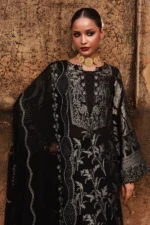 Nureh Maya Lawn Jacquard NJ-106 in black with embroidered jacquard shirt, chiffon dupatta, and cotton trouser.