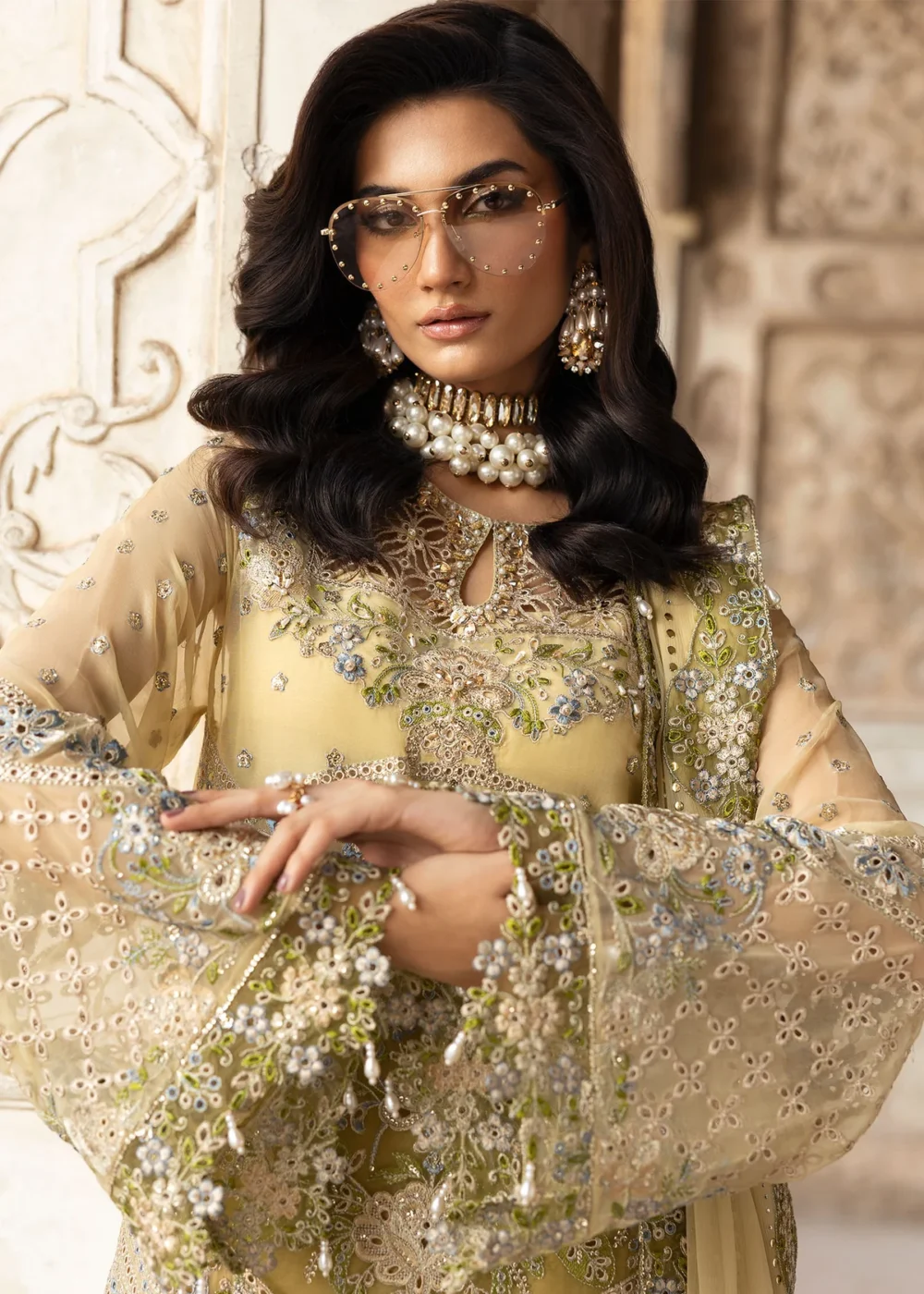 Sardinia-1101-haseena Unstitched Chiffon Edits, Pakistani designer clothes in the UK- Zee Collections, front neck and sleeves embroidery