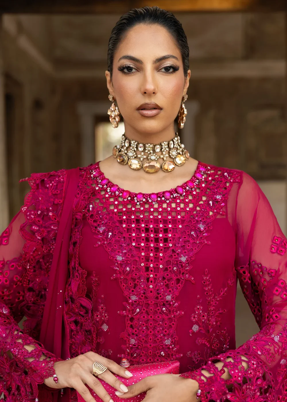 Sardinia-1102-meera Unstitched Chiffon Edits, Pakistani designer clothes in the UK- Zee Collections, front shirt neck embroidery
