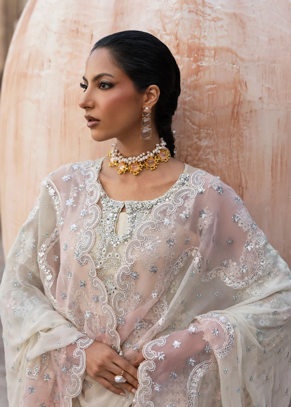 Sardinia Unstitched 3-Piece Embroidered Chiffon Suits-1106-Zohra, 3-piece Pakistani designer clothes in the UK- Zee Collections, front neck