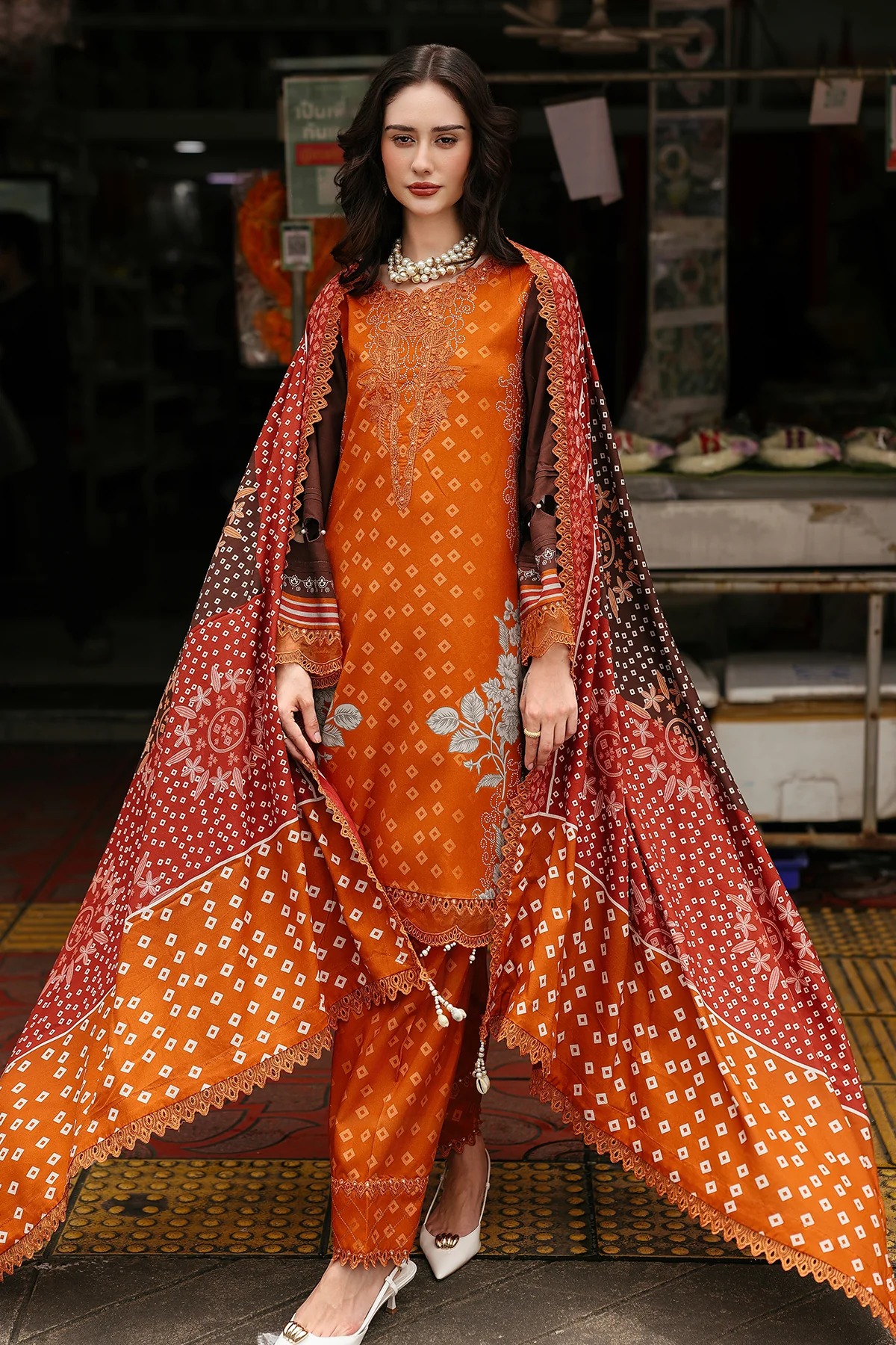 History Of Pakistani Fashion In The UK 3 CCW6-04 Charizma Embroidered Linen Suit with Irish Linen Shawl, formal wear