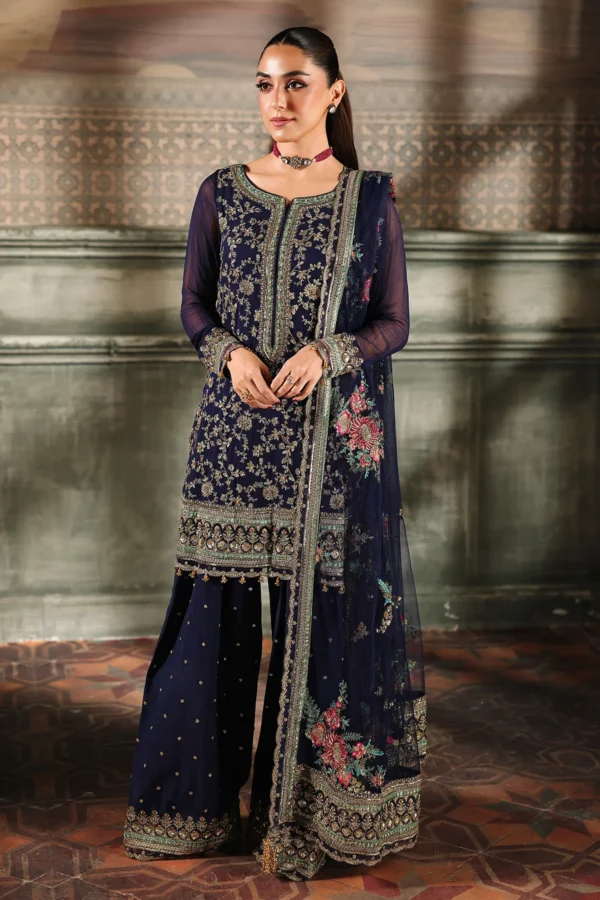 DJW5-01- 4-PC — Charizma navy embroidered chiffon 4-PC with embellished dupatta.