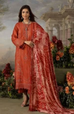 DS-12 Dastaan By Riaz Arts Leather Peach Embroidered Winter Suit with Velvet Palachi Shawl