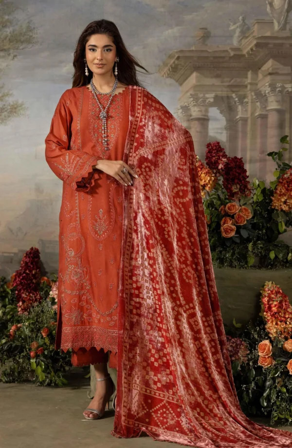 DS-12 Dastaan By Riaz Arts Leather Peach Embroidered Winter Suit with Velvet Palachi Shawl