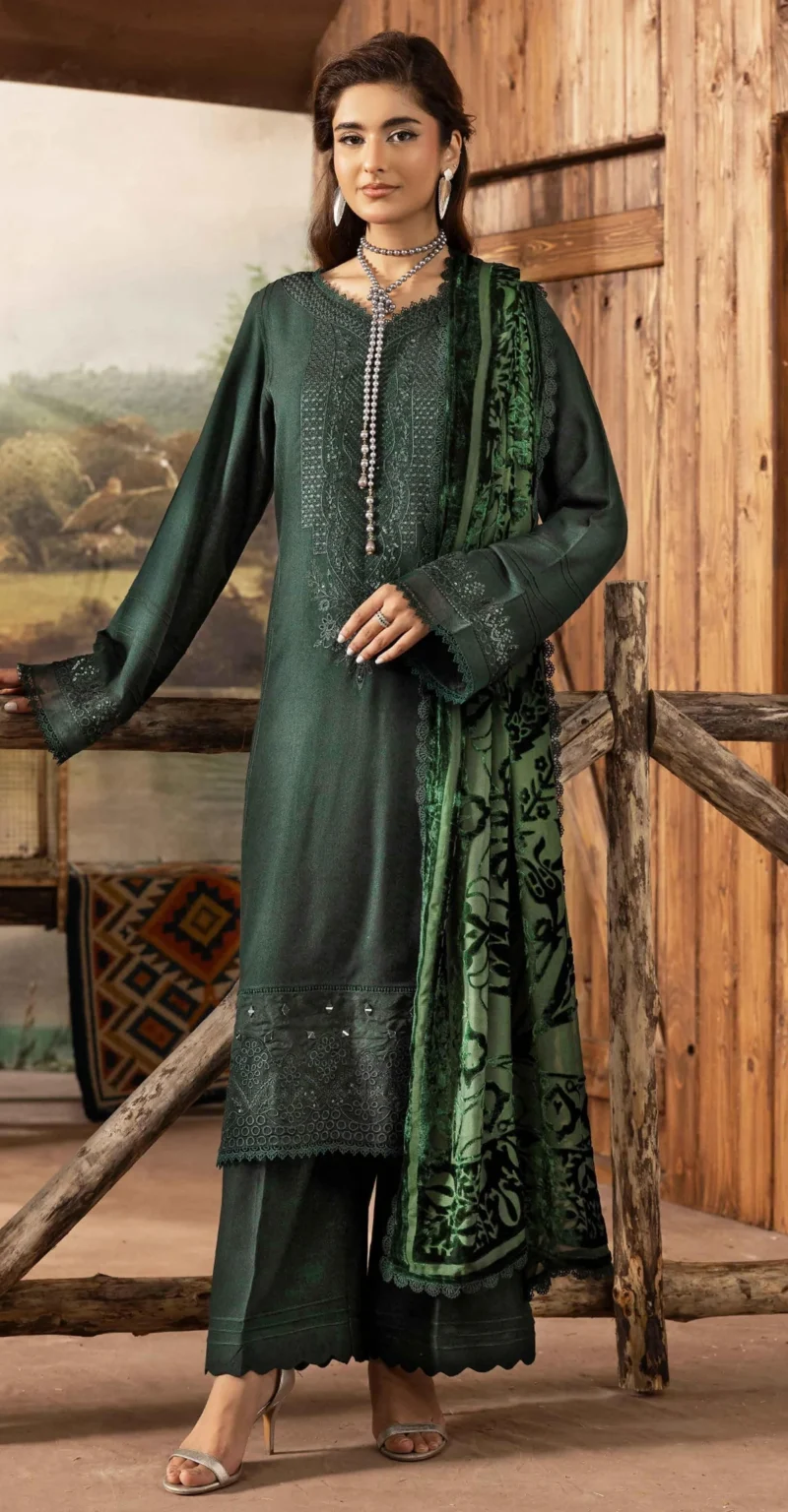 Different types and styles of Velvet Suit Designs 4 DS-13 Dastaan By Riaz Arts Leather Peach Embroidered Winter Suit with Velvet Palachi Shawl