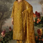 mustard DS-14 Dastaan By Riaz Arts Leather Peach Embroidered Winter Suit with Velvet Palachi Shawl, pakistani designer velvet dress
