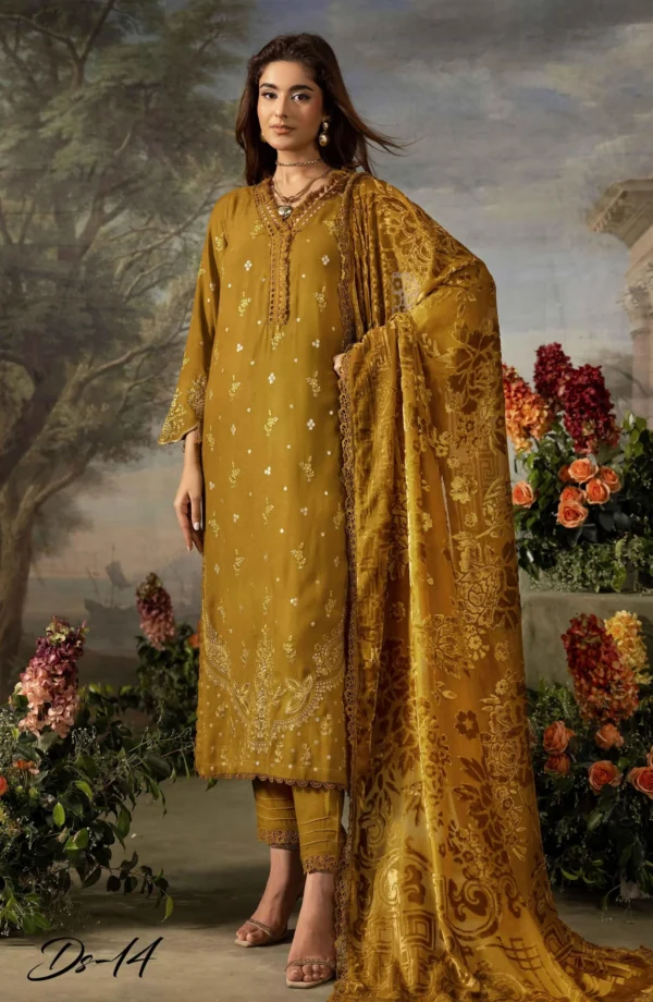 mustard DS-14 Dastaan By Riaz Arts Leather Peach Embroidered Winter Suit with Velvet Palachi Shawl