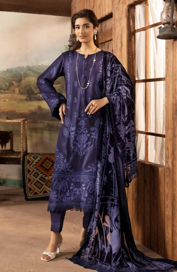 DS-15 Blue Dress Dastaan By Riaz Arts – Embroidered Leather Peach Winter Suit with Velvet Palachi Shawl