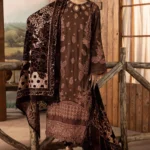 DS-16 Dastaan By Riaz Arts Brown Embroidered Leather Peach Winter Suit with Velvet Palachi Shawl