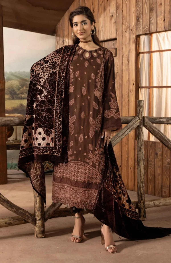 DS-16 Dastaan By Riaz Arts Brown Embroidered Leather Peach Winter Suit with Velvet Palachi Shawl