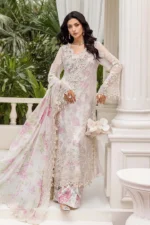 Maria B Chiffon suit MPC-25-101 off-white embroidered chiffon suit with 3D flowers and chiffon dupatta.