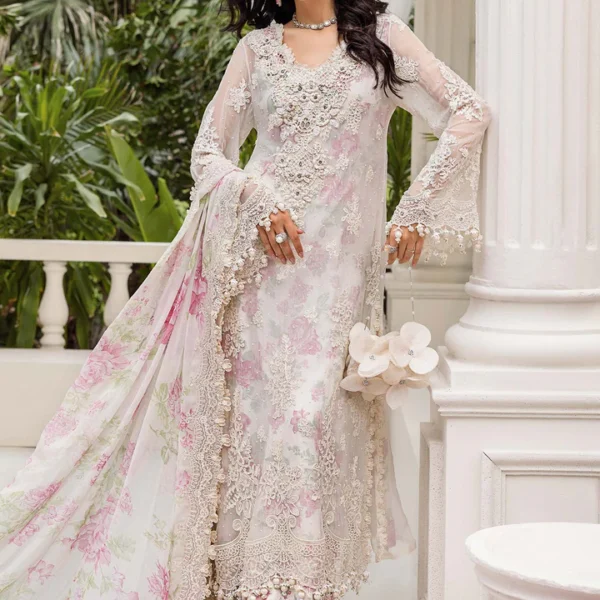 Maria B Chiffon suit MPC-25-101 off-white embroidered chiffon suit with 3D flowers and chiffon dupatta.