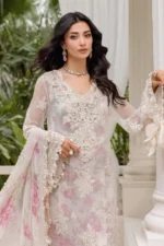 Maria B Chiffon Collection MPC-25-101 off-white embroidered chiffon suit with 3D flowers and chiffon dupatta. neck design