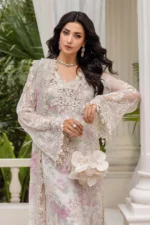 Maria B Chiffon Collection MPC-25-101 off-white embroidered chiffon suit with 3D flowers and chiffon dupatta. neck and sleeves design