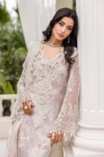 Maria B Chiffon Collection MPC-25-101 off-white embroidered chiffon suit with 3D flowers and chiffon dupatta. shirt