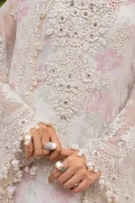 Maria B Chiffon Collection MPC-25-101 off-white embroidered chiffon suit with 3D flowers and chiffon dupatta. neck embroidery