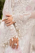 Maria B Chiffon Collection MPC-25-101 off-white embroidered chiffon suit with 3D flowers and chiffon dupatta. sleeves embroidery