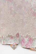 Maria B Chiffon Collection MPC-25-101 off-white embroidered chiffon suit with 3D flowers and chiffon dupatta. daman and trouser style