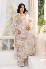 Maria B Chiffon suit MPC-25-101 off-white embroidered chiffon suit with 3D flowers and chiffon dupatta. salwar kameez and dupatta