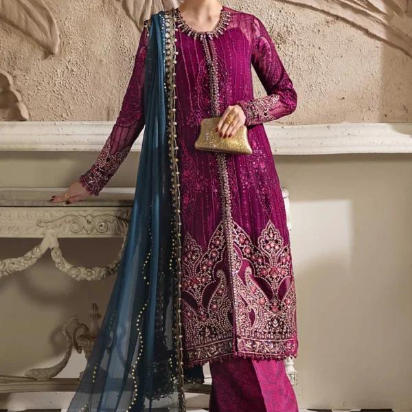 Maria B Chiffon Suit MPC-25-102 – Plum embroidered chiffon & velvet unstitched 3PC suit