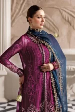 Maria B Chiffon Suit MPC-25-102 – Plum embroidered chiffon & velvet unstitched 3PC suit, kameez