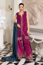 Maria B Chiffon Suit MPC-25-102 – Plum embroidered chiffon & velvet unstitched 3PC suit, salwar kameez and dupatta