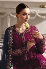 Maria B Chiffon Suit MPC-25-102 – Plum embroidered chiffon & velvet unstitched 3PC suit, neck and supatta embroidery