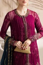 Maria B Chiffon Suit MPC-25-102 – Plum embroidered chiffon & velvet unstitched 3PC suit, neck design