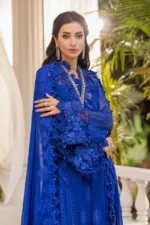 Maria B Chiffon Suit MPC-25-103 – Royal Blue embroidered chiffon & organza 3PC unstitched suit, kameez and sleeves design