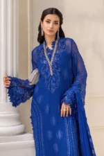 Maria B Chiffon Suit MPC-25-103 – Royal Blue embroidered chiffon & organza 3PC unstitched suit, kameez