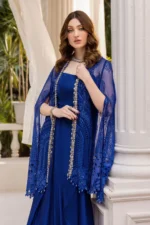 Maria B Chiffon Suit MPC-25-103 – Royal Blue embroidered chiffon & organza 3PC unstitched suit, gown style