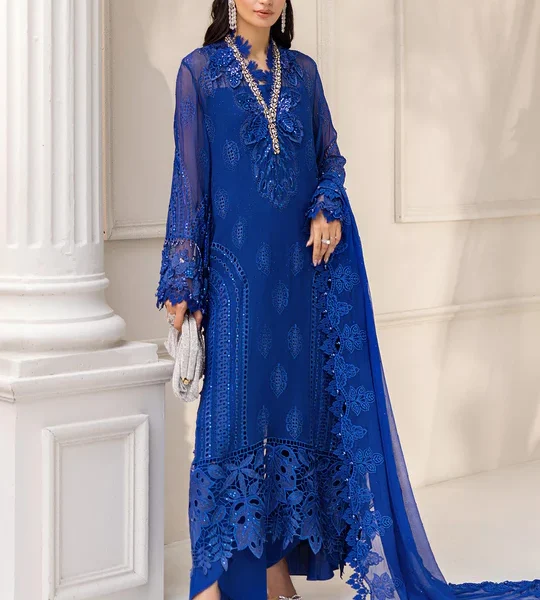 Maria B Chiffon Suit MPC-25-103 – Royal Blue embroidered chiffon & organza 3PC unstitched suit, salwar kameez and dupatta