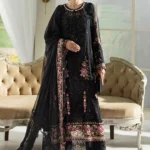 Maria B Chiffon Suit MPC-25-104 – Black embroidered chiffon & organza 3PC unstitched suit