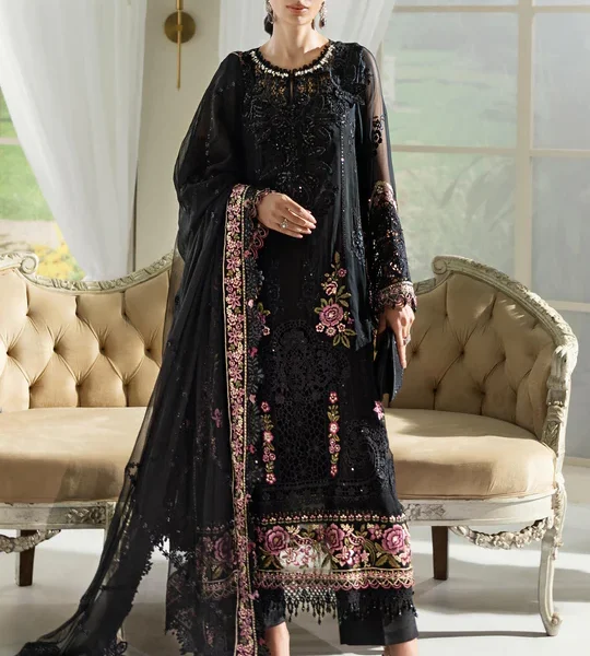 Maria B Chiffon Suit MPC-25-104 – Black embroidered chiffon & organza 3PC unstitched suit
