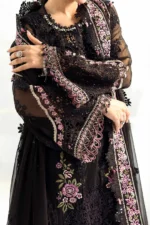 Maria B Chiffon Suit MPC-25-104 – Black embroidered chiffon & organza 3PC unstitched suit, sleeves embroidery close look