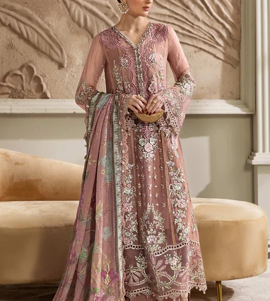 Maria B Chiffon Suit MPC-25-105 – Tea Pink embroidered chiffon & silk 3PC unstitched suit