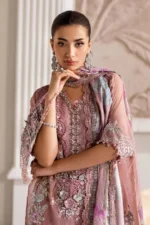Maria B Chiffon Suit MPC-25-105 – Tea Pink embroidered chiffon & silk 3PC unstitched suit, shirt neck embroidery