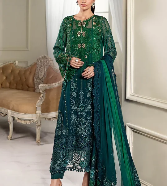 Maria B Chiffon Suit MPC-25-106 – Green to Teal embroidered chiffon & organza unstitched 3PC