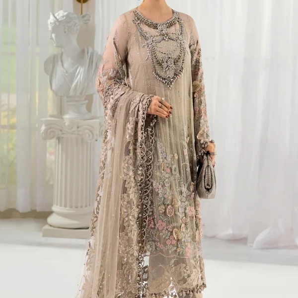 Maria B Chiffon Suit MPC-25-107 – Coffee embroidered chiffon with pearl net dupatta | Unstitched 3PC