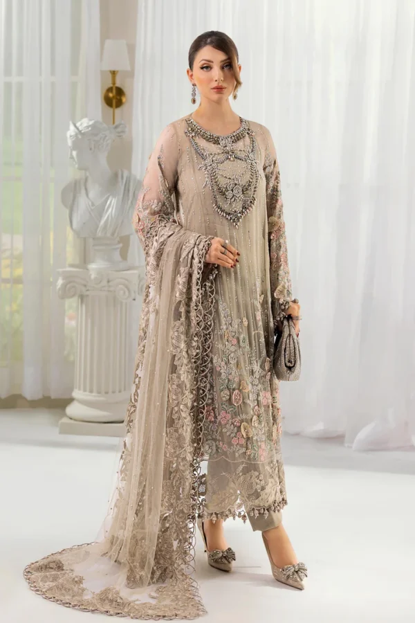 Maria B Chiffon Suit MPC-25-107 – Coffee embroidered chiffon with pearl net dupatta | Unstitched 3PC