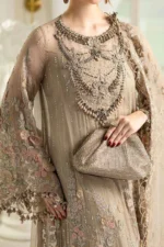 Maria B Chiffon Suit MPC-25-107 – Coffee embroidered chiffon with pearl net dupatta | Unstitched 3PC, kameez neck design