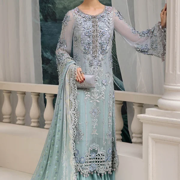 Maria B Chiffon Suit MPC-25-108 – Aqua to sea green chiffon embroidered with 3D florals | Unstitched 3PC