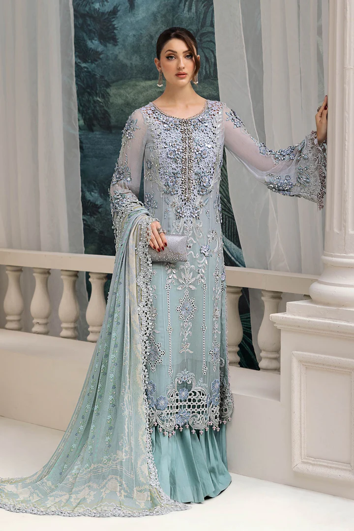 Celebrate Your Special Occasions with Maria B UK Collection 2 Maria B UK, Chiffon Suit MPC-25-108 – Aqua to sea green chiffon embroidered with 3D florals | Unstitched 3PC
