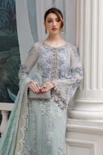 Maria B Chiffon Suit MPC-25-108 – Aqua to sea green chiffon embroidered with 3D florals | Unstitched 3PC, kameez